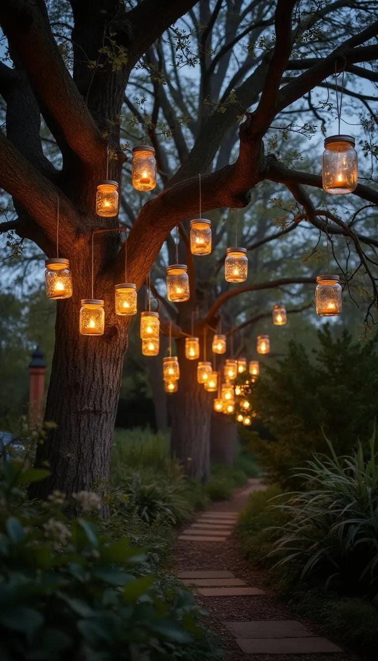 25 Rustic Farmhouse Garden Decor Ideas You Must See 8 3. Hanging mason jar lanterns with tea lights inside-1
