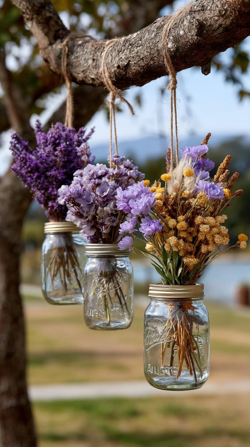 29 Vintage Garden Decor Ideas That Bring Rustic Charm Outdoors 71 17. Hanging mason jars with dried flower bundles-0