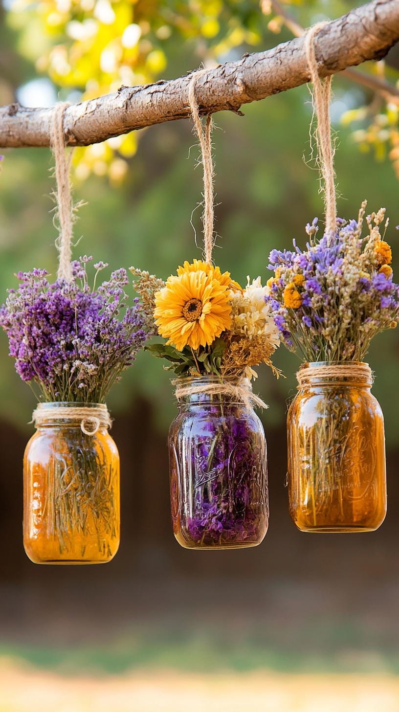 29 Vintage Garden Decor Ideas That Bring Rustic Charm Outdoors 74 17. Hanging mason jars with dried flower bundles-1