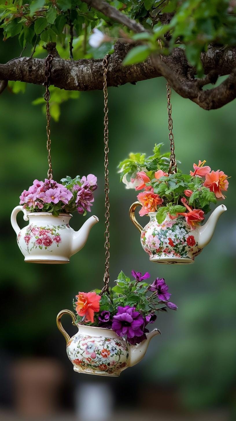 29 Vintage Garden Decor Ideas That Bring Rustic Charm Outdoors 15 4. Hanging teapots with blooming floral arrangements-0