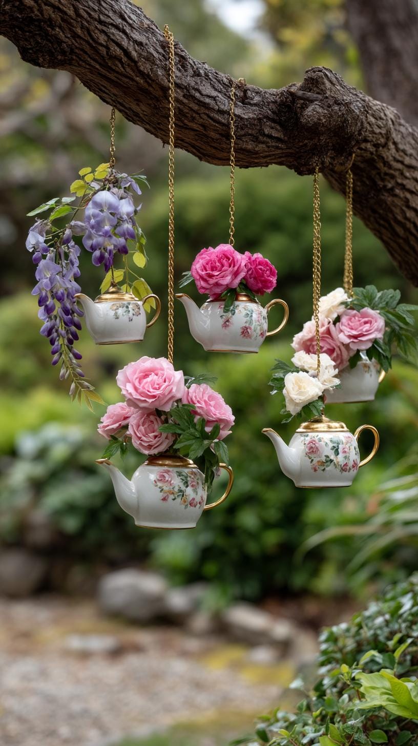 29 Vintage Garden Decor Ideas That Bring Rustic Charm Outdoors 16 4. Hanging teapots with blooming floral arrangements-1