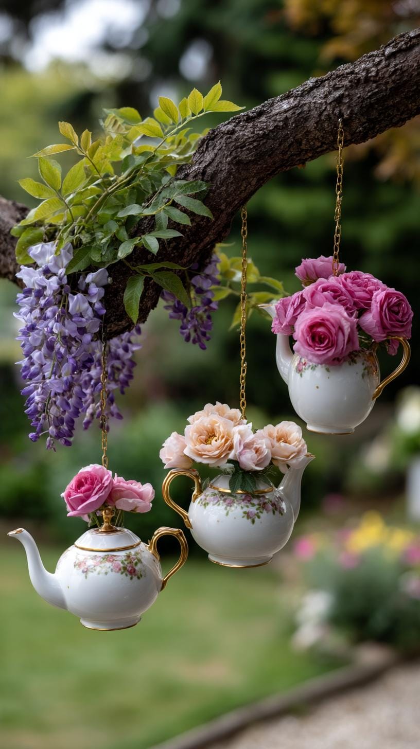 29 Vintage Garden Decor Ideas That Bring Rustic Charm Outdoors 19 4. Hanging teapots with blooming floral arrangements-2