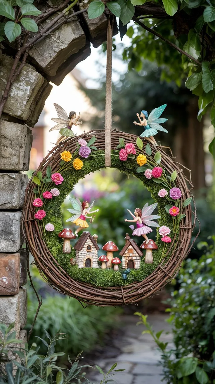 39. Hanging wreath-shaped fairy garden with mossy décor-0