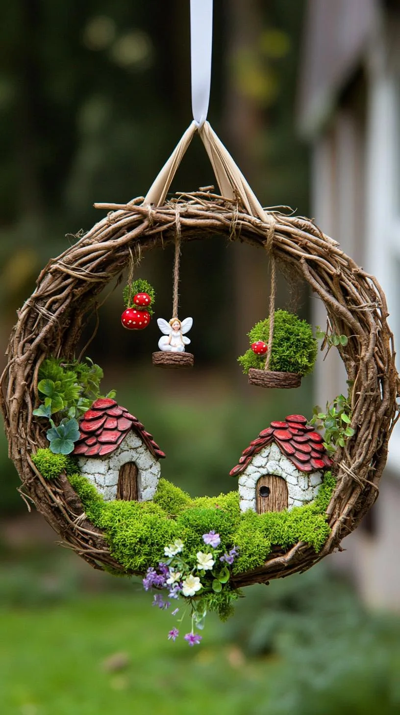 39. Hanging wreath-shaped fairy garden with mossy décor-1