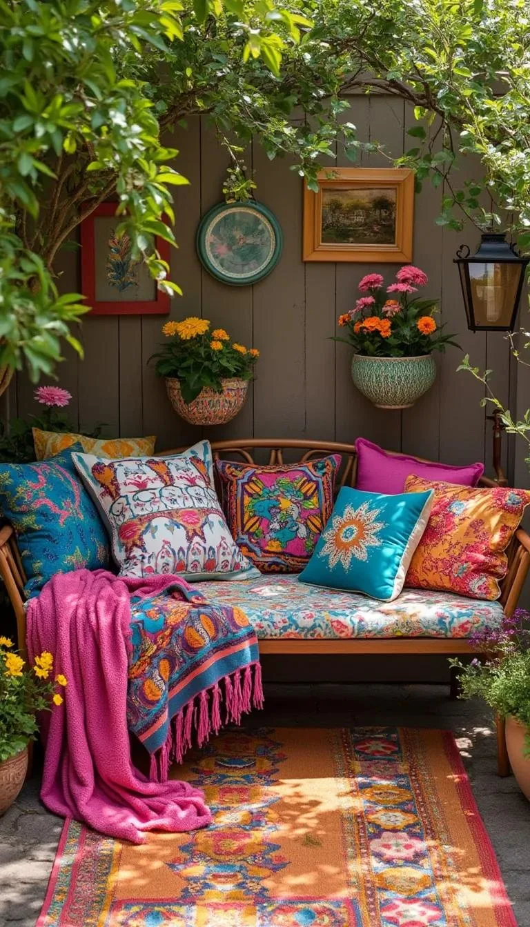 23. Hippie-inspired cozy outdoor nook with colorful textiles-0