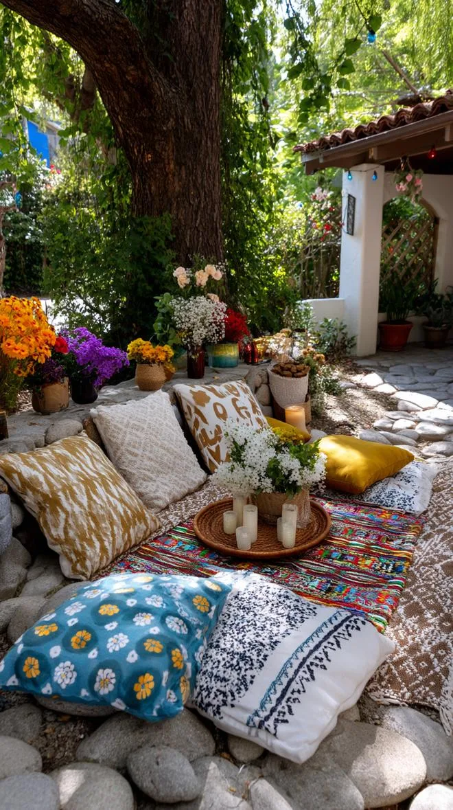 23. Hippie-inspired cozy outdoor nook with colorful textiles-1