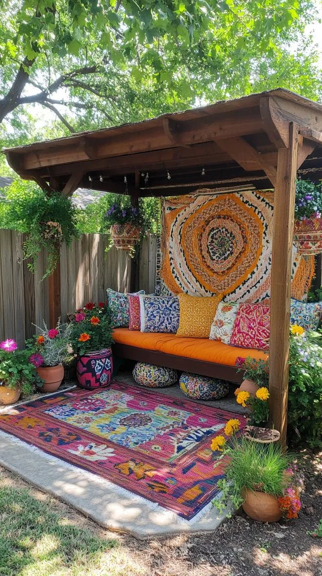 23. Hippie-inspired cozy outdoor nook with colorful textiles-2