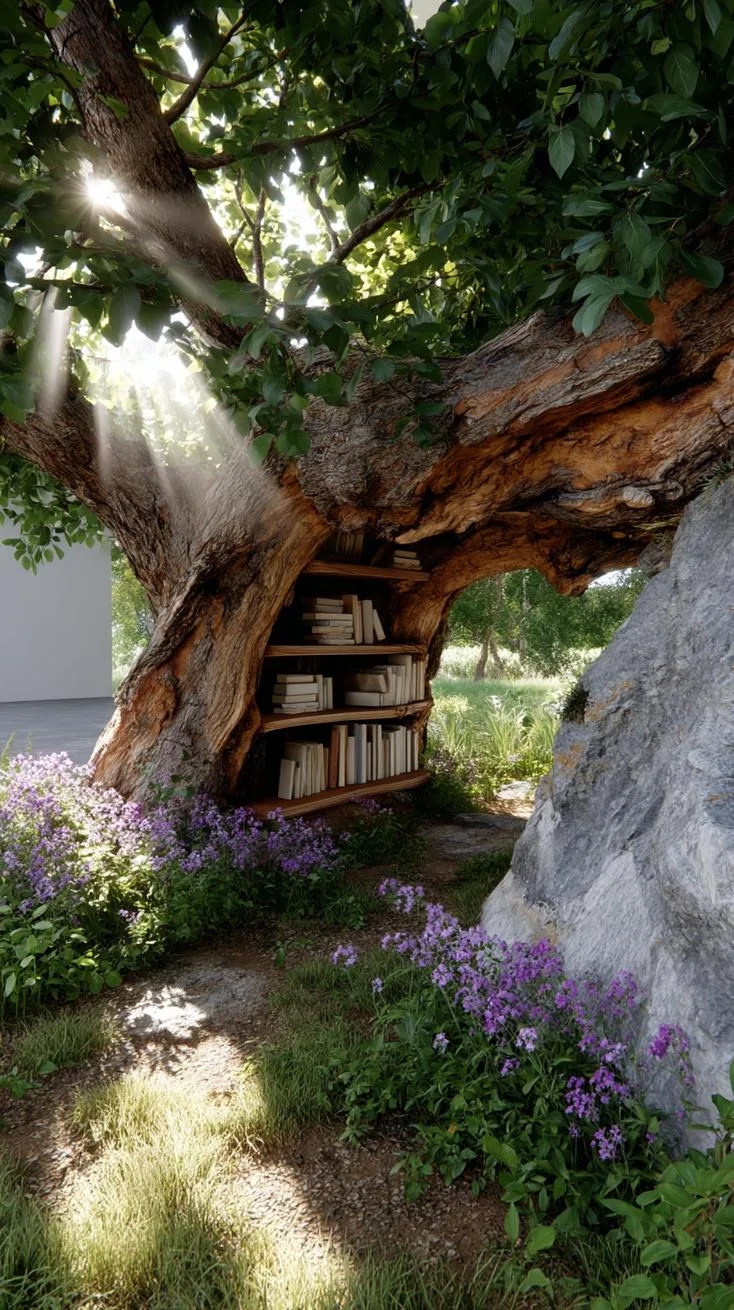 4. Hollow tree bookshelf tucked under wildflowers-0