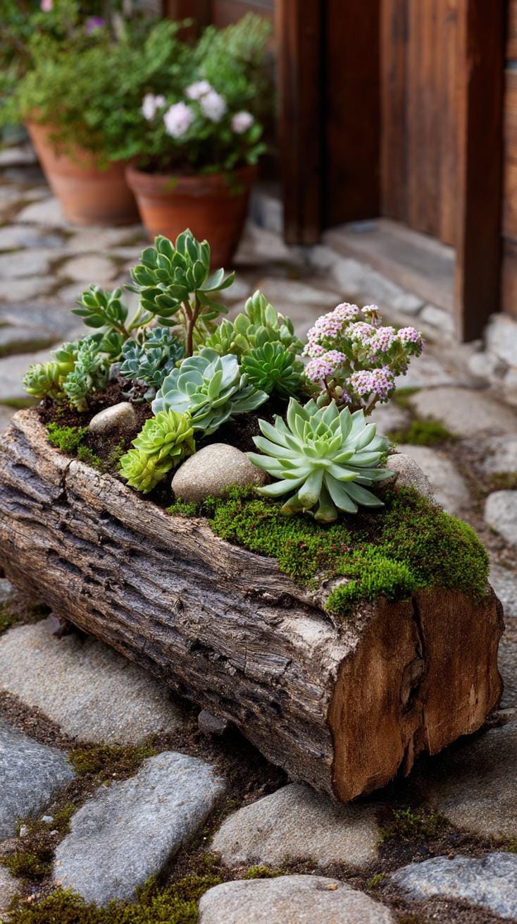 31 Rock Garden Ideas That Transform Any Outdoor Space 61 12. Hollowed-out log planter filled with succulents-0
