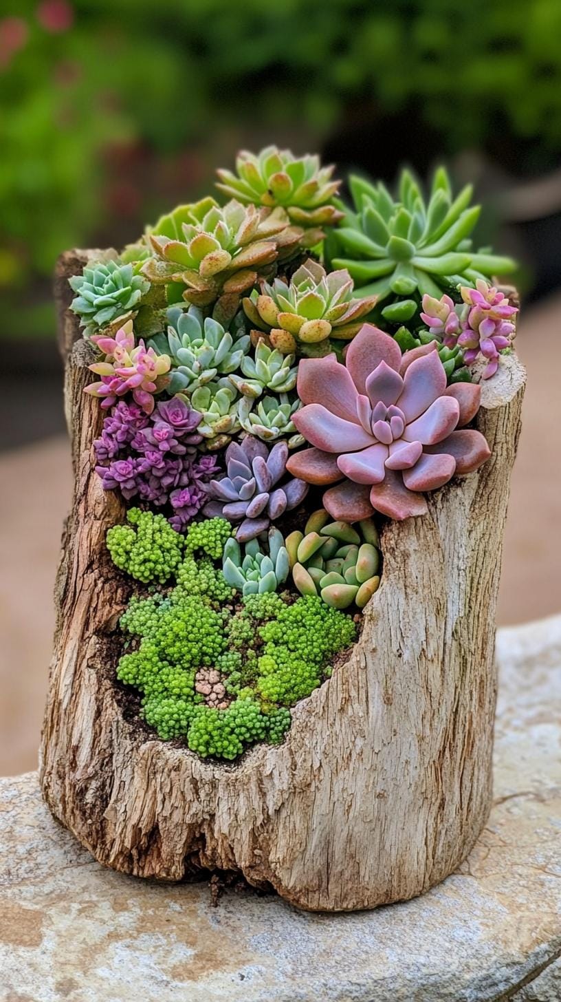31 Rock Garden Ideas That Transform Any Outdoor Space 62 12. Hollowed-out log planter filled with succulents-1