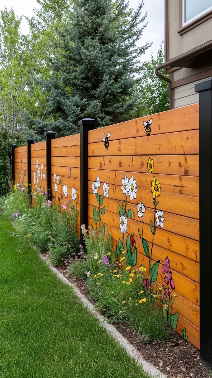 35 Unique Privacy Fence Ideas for a More Private Backyard 3 1. Horizontal cedar plank fence with black posts-0
