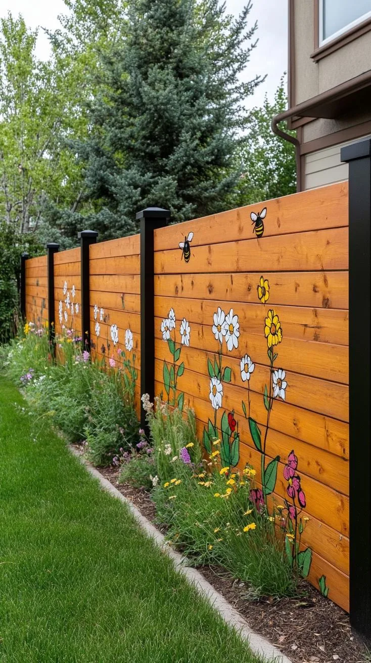 1. Horizontal cedar plank fence with black posts-0