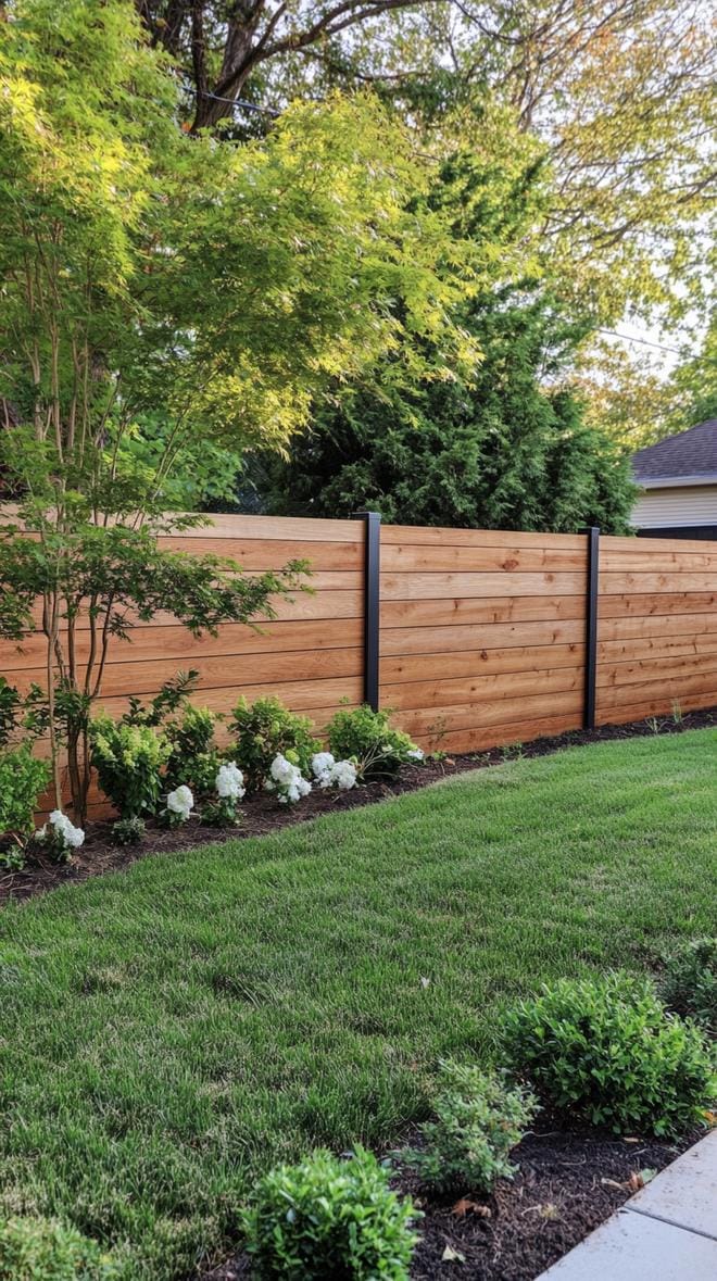 35 Unique Privacy Fence Ideas for a More Private Backyard 4 1. Horizontal cedar plank fence with black posts-1