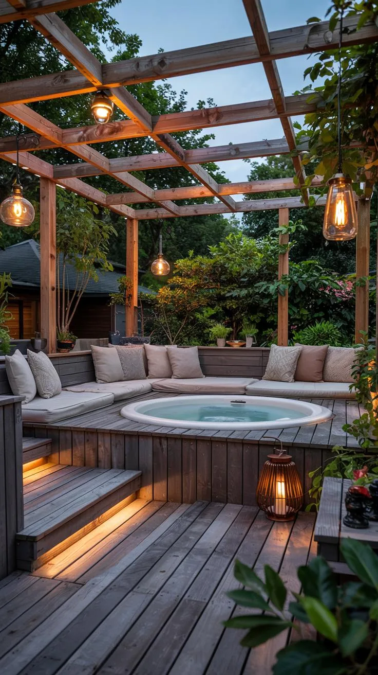 31 Best Hot Tub Ideas for the Ultimate Backyard Escape 2 1. Hot tub deck with built-in seating and lighting-0