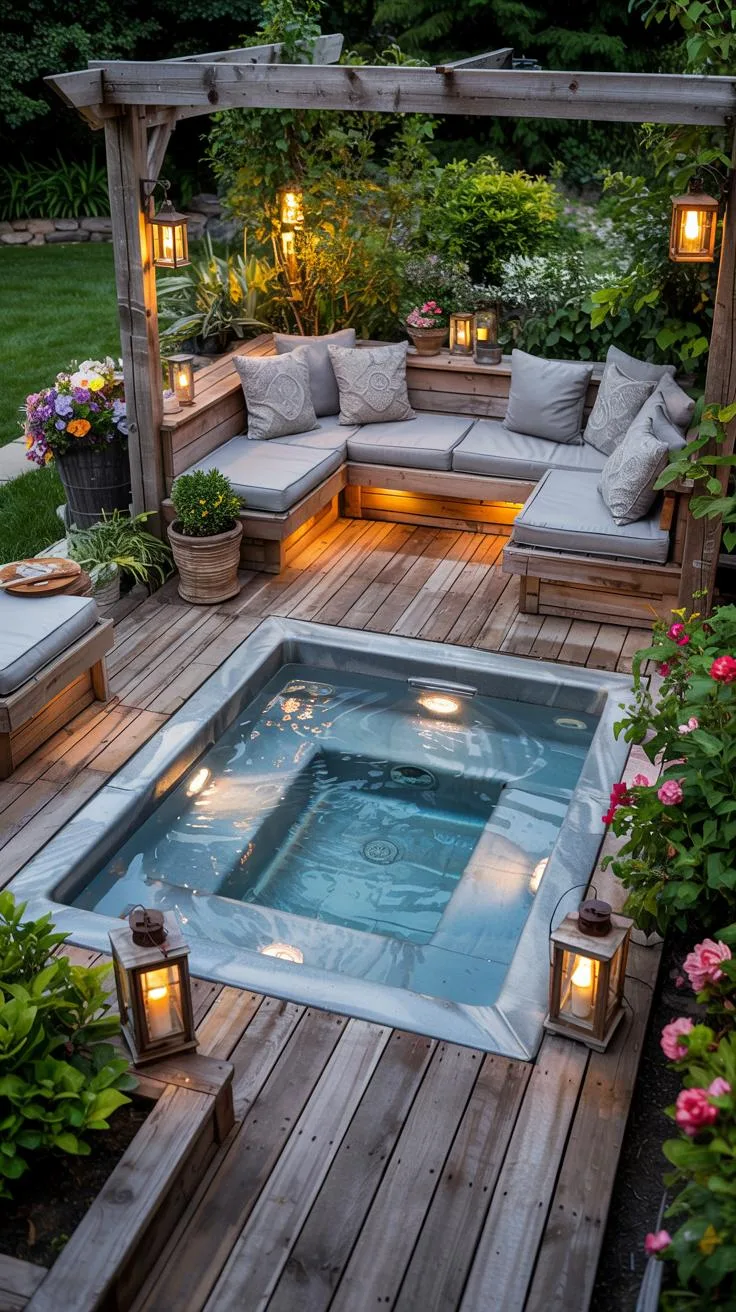 31 Best Hot Tub Ideas for the Ultimate Backyard Escape 3 1. Hot tub deck with built-in seating and lighting-1