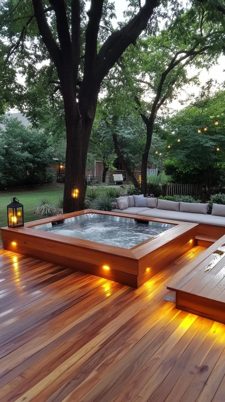 31 Best Hot Tub Ideas for the Ultimate Backyard Escape 4 1. Hot tub deck with built-in seating and lighting-2