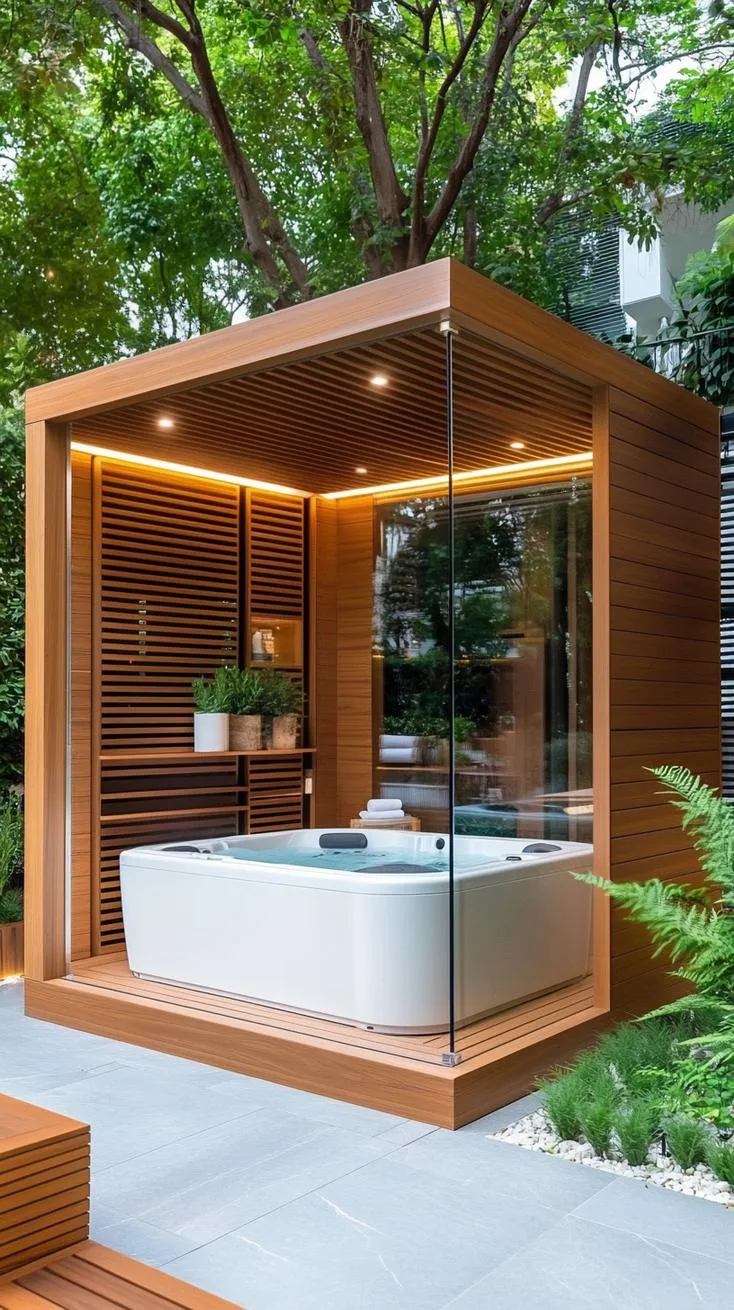 31 Best Hot Tub Ideas for the Ultimate Backyard Escape 51 9. Hot tub enclosure with retractable panels-1