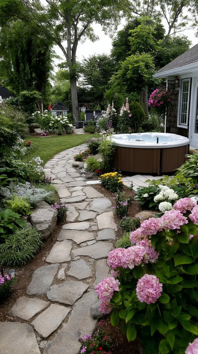 31 Best Hot Tub Ideas for the Ultimate Backyard Escape 162 29. Hot tub garden path surrounded by flowers and herbs-0