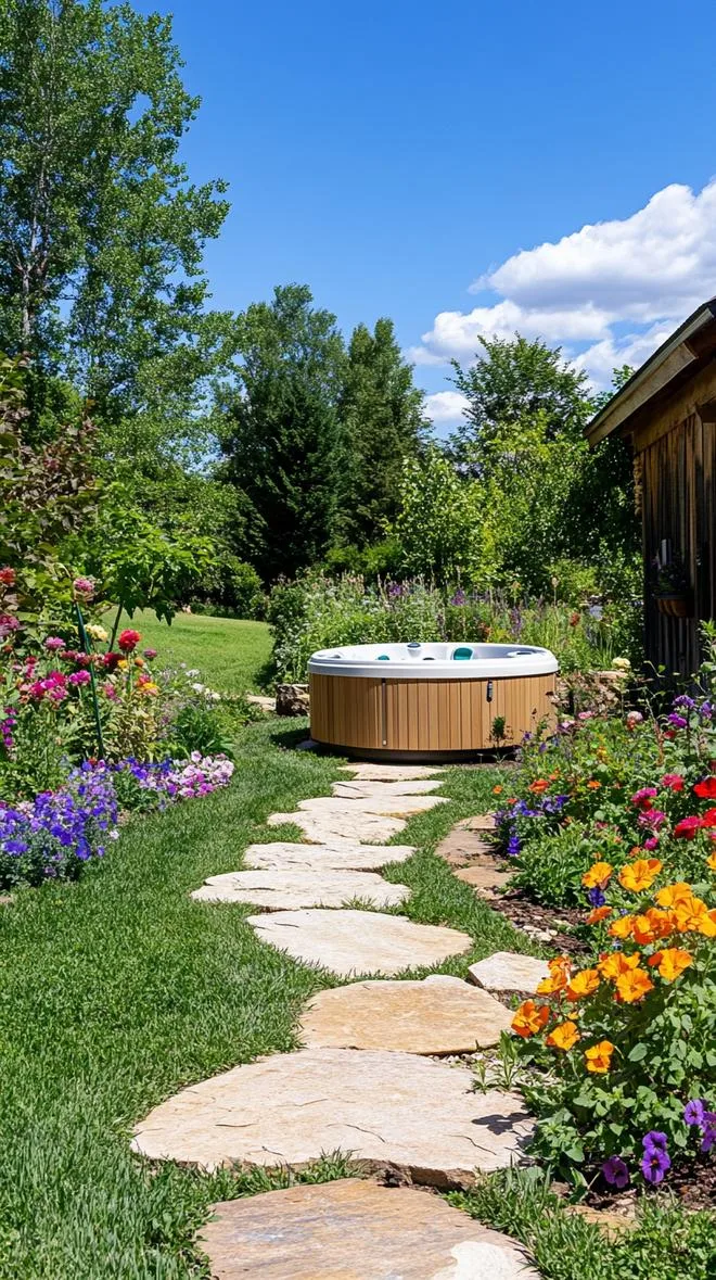31 Best Hot Tub Ideas for the Ultimate Backyard Escape 163 29. Hot tub garden path surrounded by flowers and herbs-1