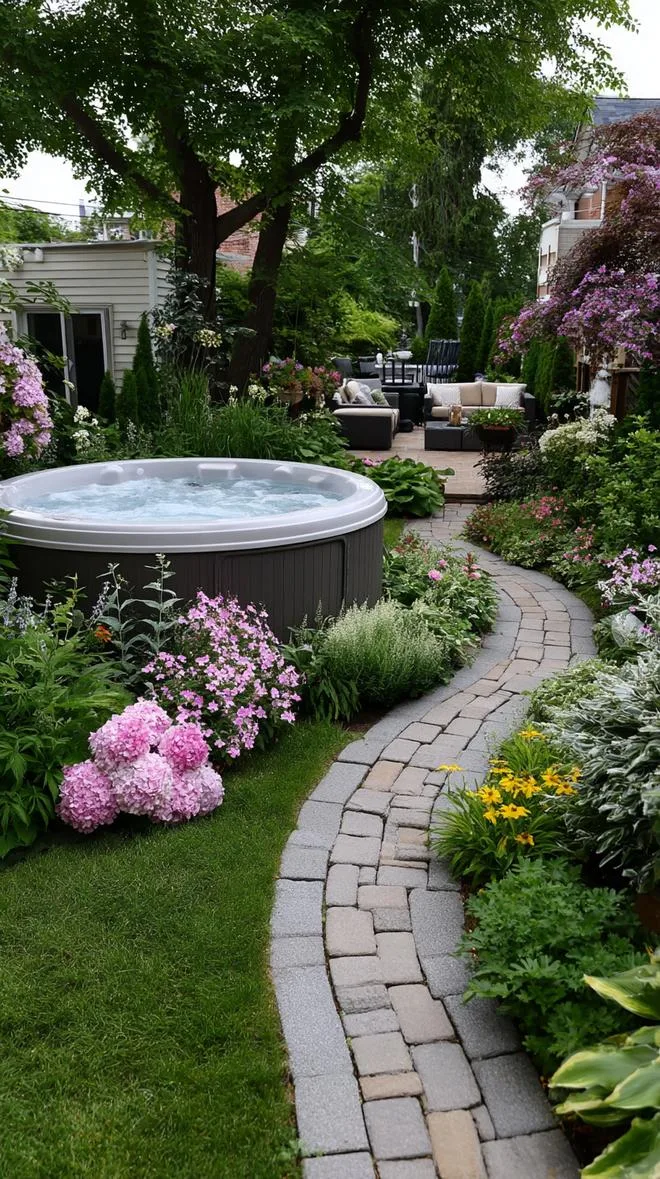 31 Best Hot Tub Ideas for the Ultimate Backyard Escape 164 29. Hot tub garden path surrounded by flowers and herbs-2