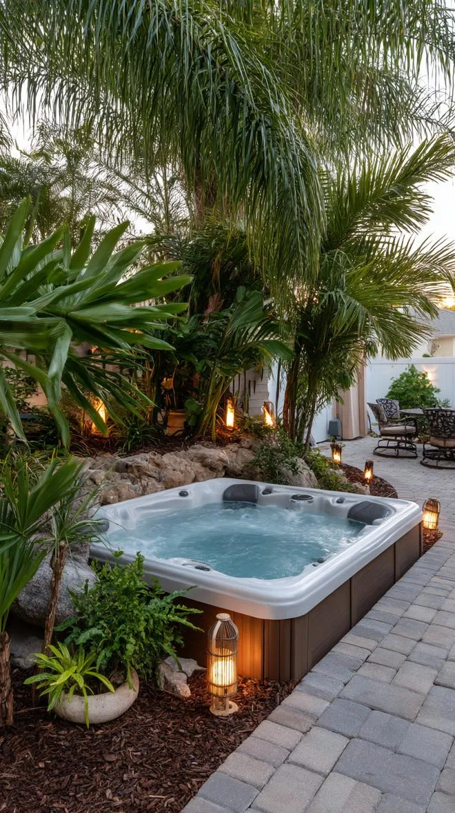 31 Best Hot Tub Ideas for the Ultimate Backyard Escape 100 17. Hot tub surrounded by tropical plants and tiki torches-0