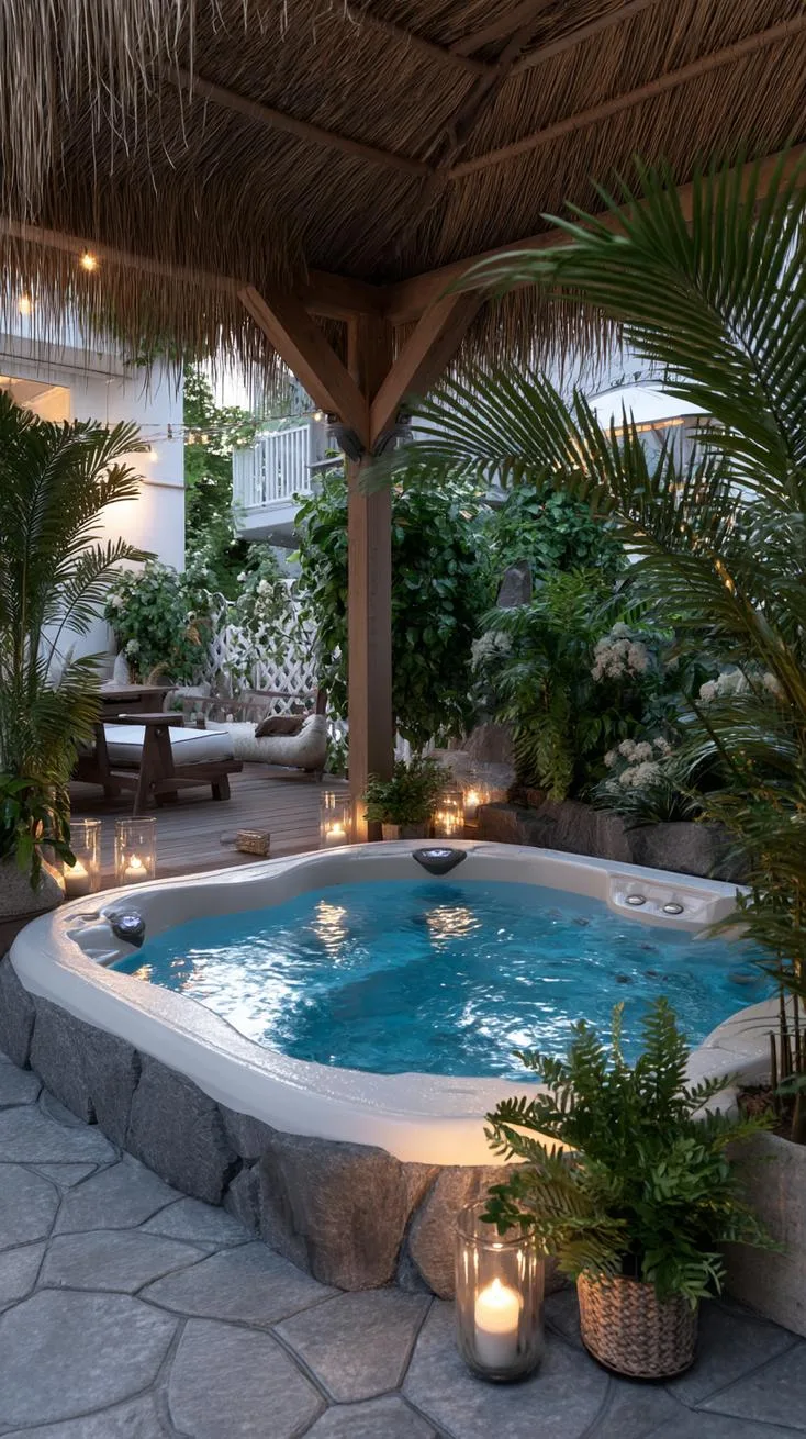 31 Best Hot Tub Ideas for the Ultimate Backyard Escape 101 17. Hot tub surrounded by tropical plants and tiki torches-1