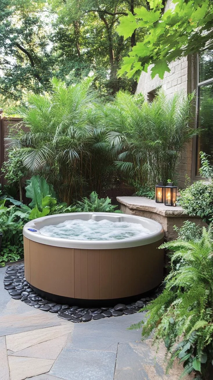 31 Best Hot Tub Ideas for the Ultimate Backyard Escape 102 17. Hot tub surrounded by tropical plants and tiki torches-2