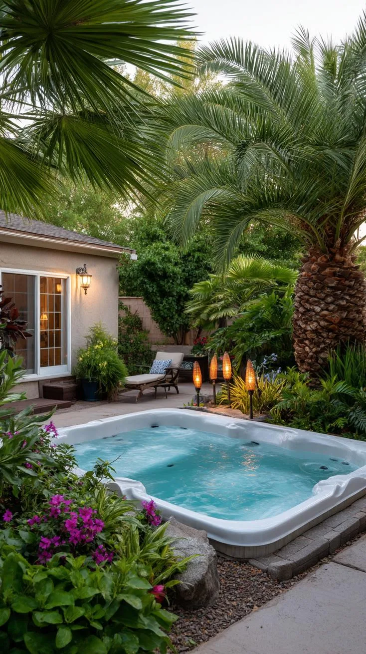 31 Best Hot Tub Ideas for the Ultimate Backyard Escape 105 17. Hot tub surrounded by tropical plants and tiki torches-3