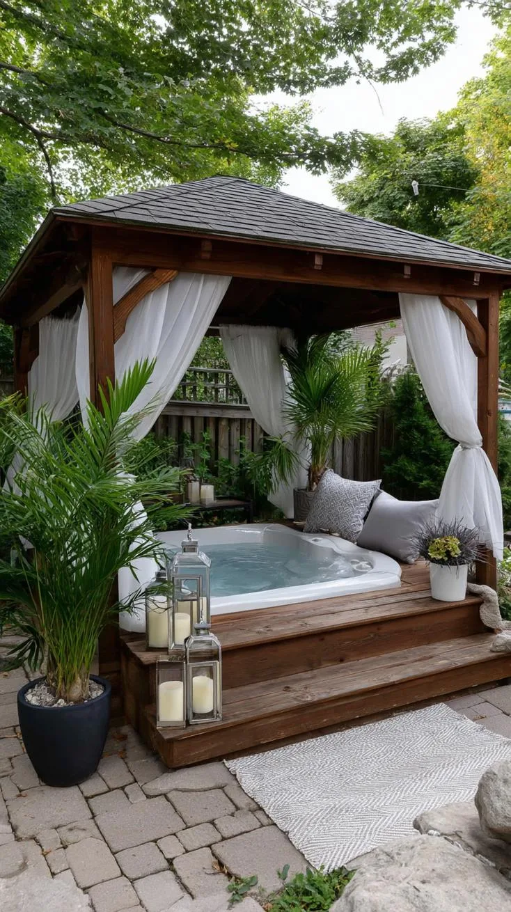31 Best Hot Tub Ideas for the Ultimate Backyard Escape 79 14. Hot tub under a gazebo with sheer curtains-0