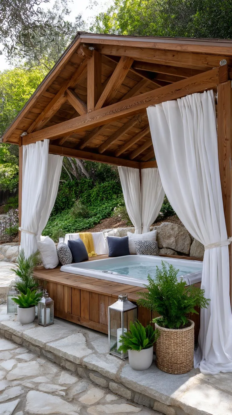 31 Best Hot Tub Ideas for the Ultimate Backyard Escape 81 14. Hot tub under a gazebo with sheer curtains-2