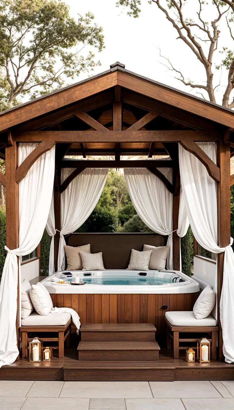 31 Best Hot Tub Ideas for the Ultimate Backyard Escape 84 14. Hot tub under a gazebo with sheer curtains-3