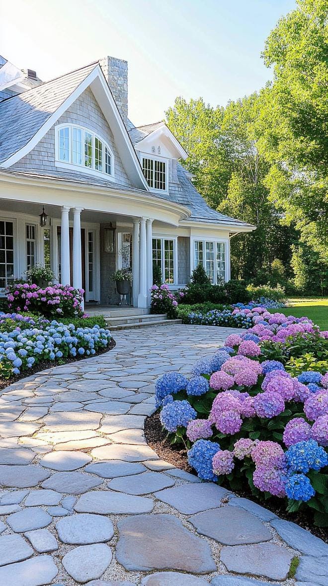 27 Charming Farmhouse Landscaping Ideas for a Beautiful Rustic Yard 19 6. Hydrangea-lined walkway to farmhouse entrance-0