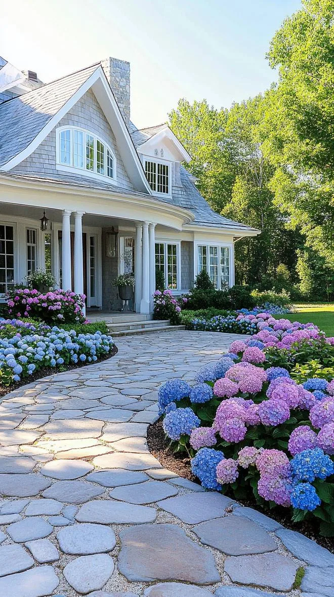 27 Charming Farmhouse Landscaping Ideas for a Beautiful Rustic Yard 18 6. Hydrangea-lined walkway to farmhouse entrance-0