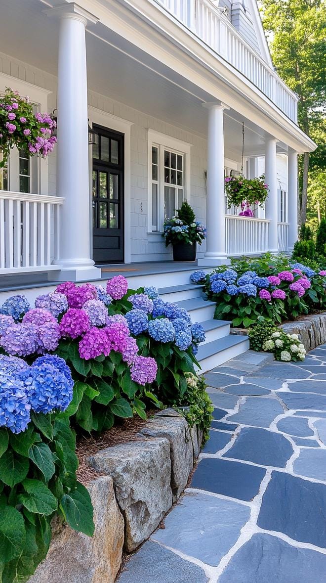 27 Charming Farmhouse Landscaping Ideas for a Beautiful Rustic Yard 20 6. Hydrangea-lined walkway to farmhouse entrance-1