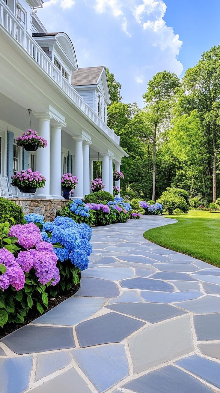 27 Charming Farmhouse Landscaping Ideas for a Beautiful Rustic Yard 21 6. Hydrangea-lined walkway to farmhouse entrance-2