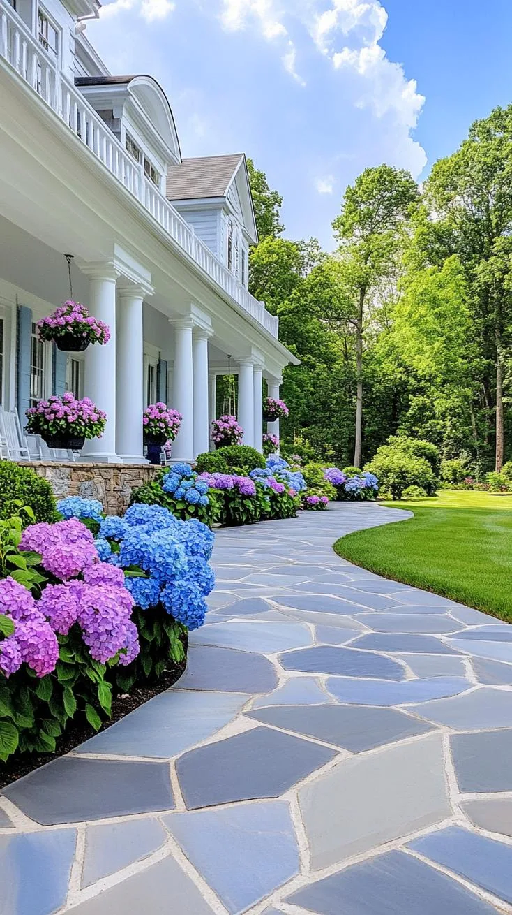 27 Charming Farmhouse Landscaping Ideas for a Beautiful Rustic Yard 20 6. Hydrangea-lined walkway to farmhouse entrance-2