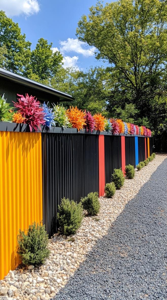 35 Unique Privacy Fence Ideas for a More Private Backyard 26 9. Industrial chic privacy fence with metal panels-2