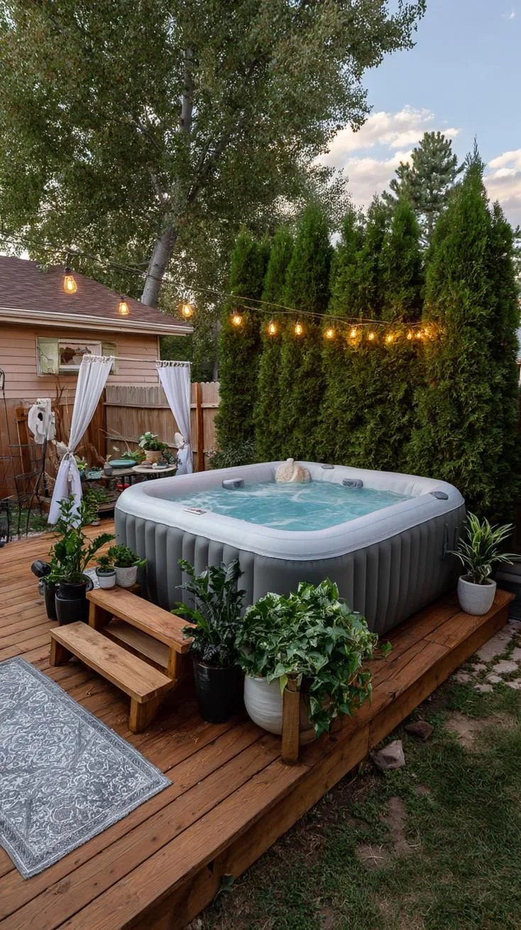 31 Best Hot Tub Ideas for the Ultimate Backyard Escape 123 21. Inflatable hot tub with elevated privacy design-0