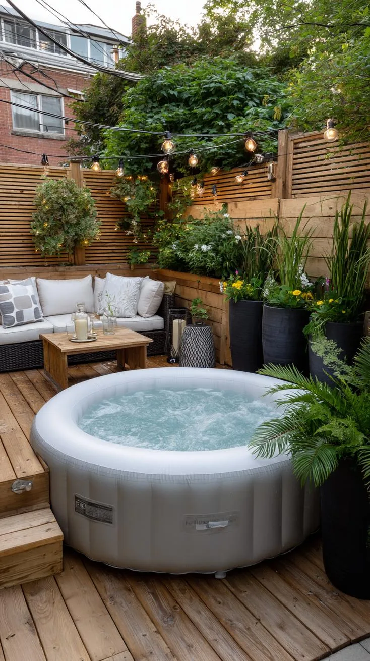 31 Best Hot Tub Ideas for the Ultimate Backyard Escape 124 21. Inflatable hot tub with elevated privacy design-1