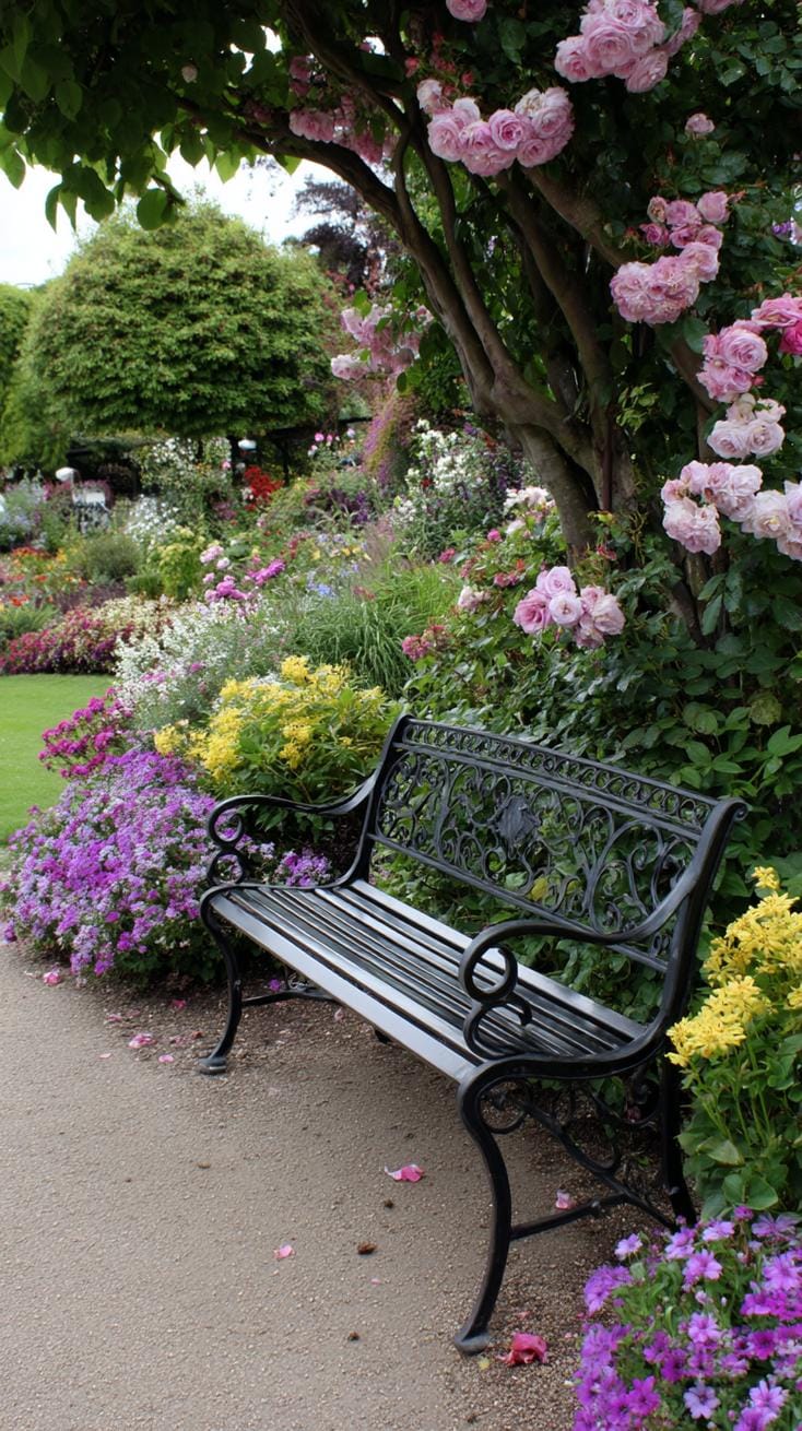 29 Vintage Garden Decor Ideas That Bring Rustic Charm Outdoors 45 11. Iron garden bench surrounded by overflowing perennials-0