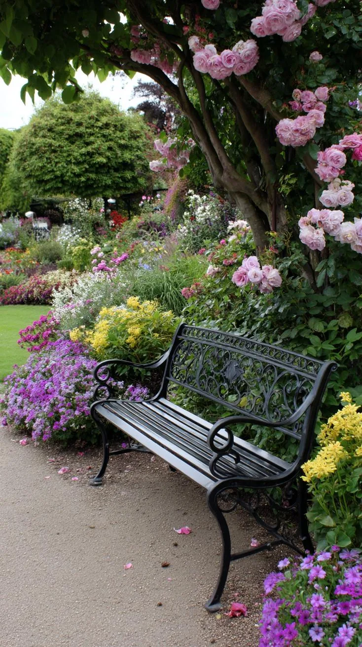 29 Vintage Garden Decor Ideas That Bring Rustic Charm Outdoors 44 11. Iron garden bench surrounded by overflowing perennials-0