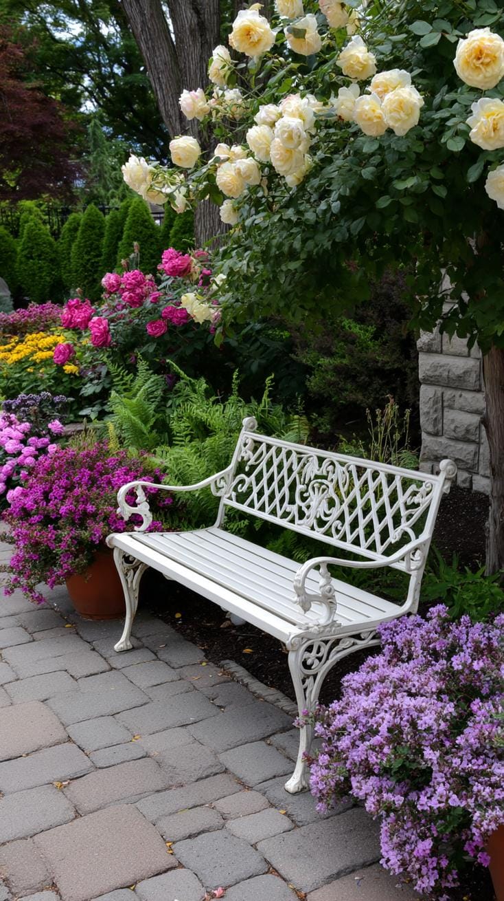 29 Vintage Garden Decor Ideas That Bring Rustic Charm Outdoors 48 11. Iron garden bench surrounded by overflowing perennials-1