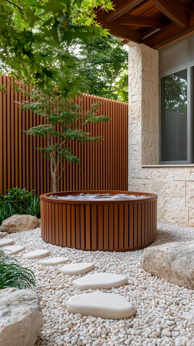 31 Best Hot Tub Ideas for the Ultimate Backyard Escape 61 11. Japanese-inspired wood and rock hot tub setup-0