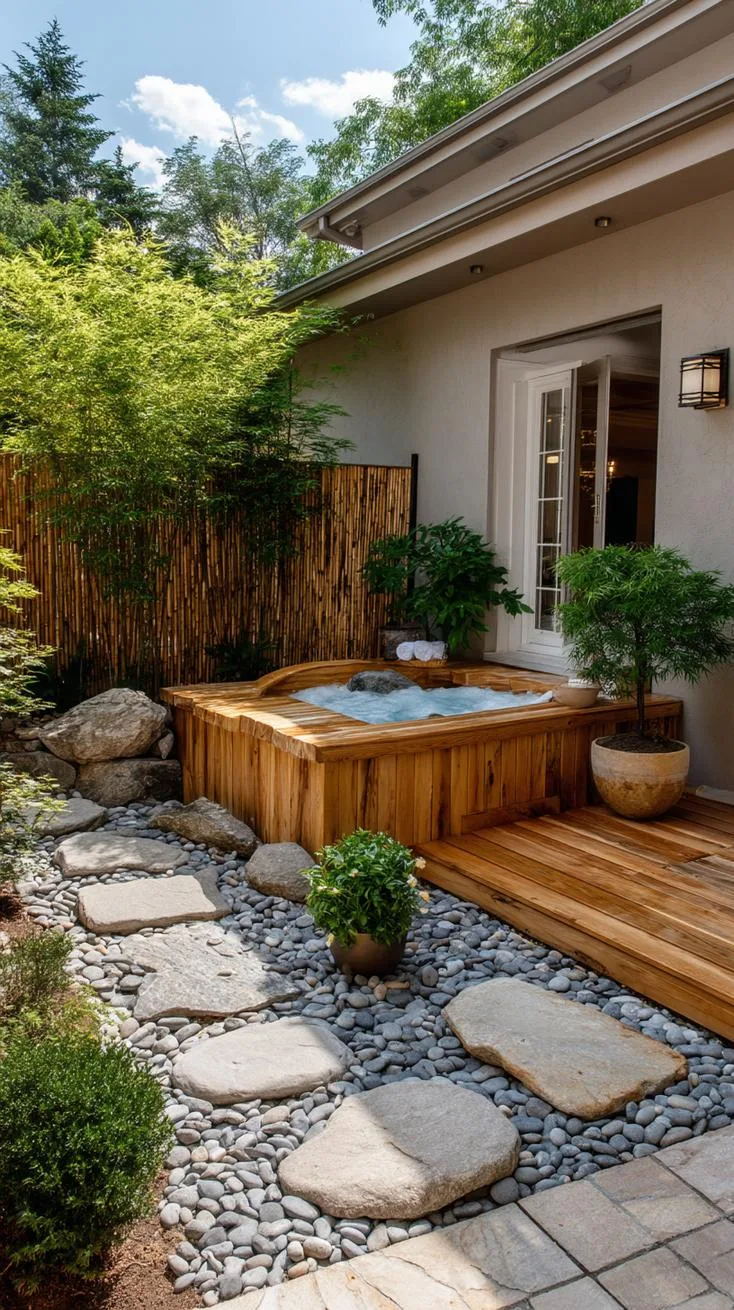 31 Best Hot Tub Ideas for the Ultimate Backyard Escape 62 11. Japanese-inspired wood and rock hot tub setup-1