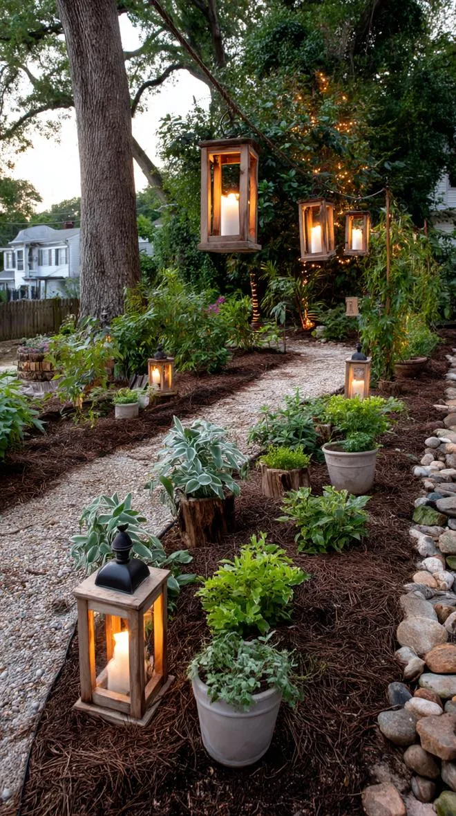 9. Lantern-lit backyard with wooden fairy signs-0