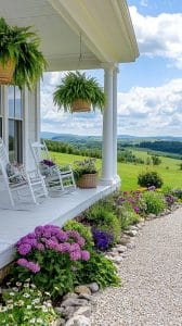 27 Charming Farmhouse Landscaping Ideas for a Beautiful Rustic Yard 1 3. Large front porch with hanging fern baskets-0