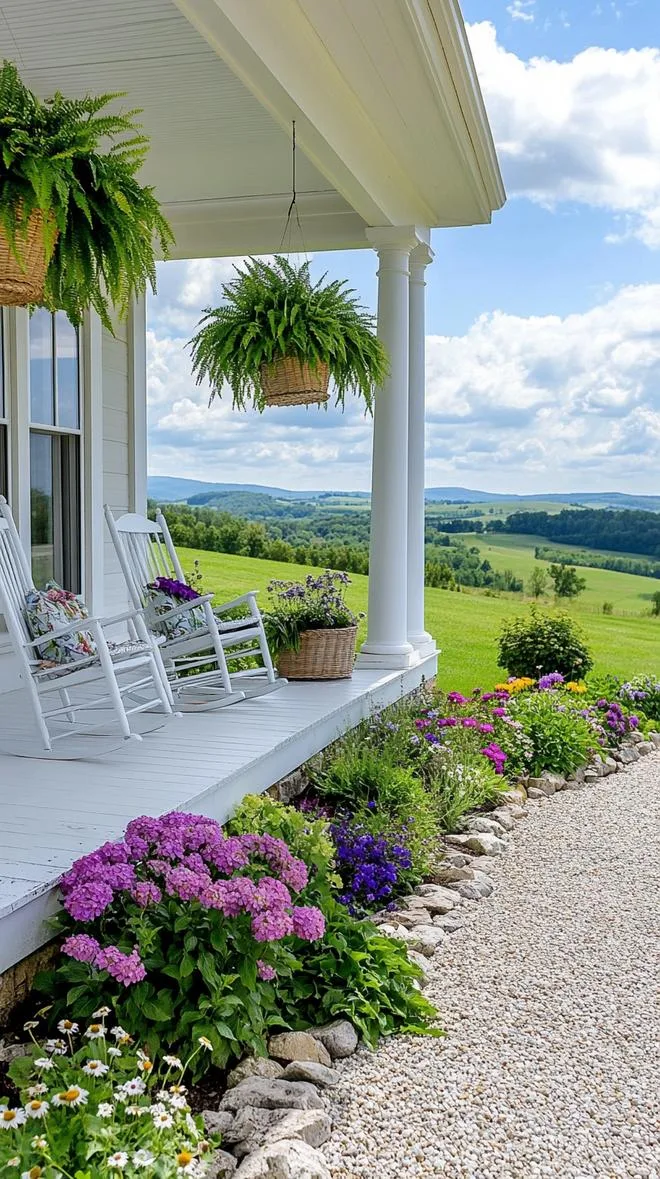 27 Charming Farmhouse Landscaping Ideas for a Beautiful Rustic Yard 9 3. Large front porch with hanging fern baskets-0