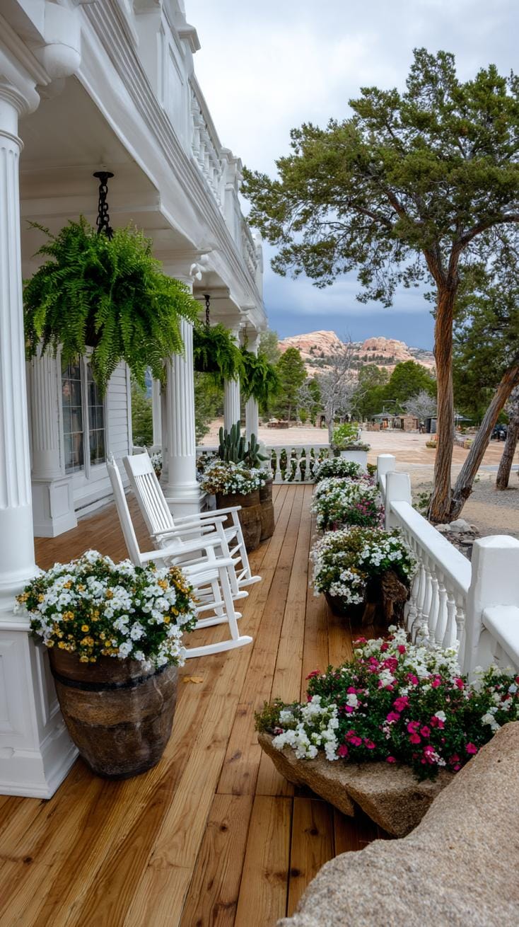 27 Charming Farmhouse Landscaping Ideas for a Beautiful Rustic Yard 11 3. Large front porch with hanging fern baskets-1
