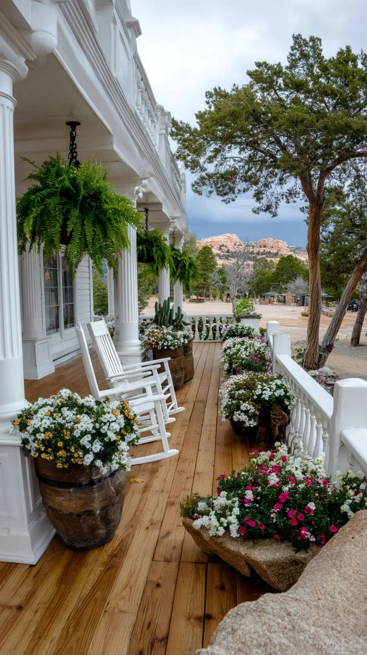 27 Charming Farmhouse Landscaping Ideas for a Beautiful Rustic Yard 10 3. Large front porch with hanging fern baskets-1