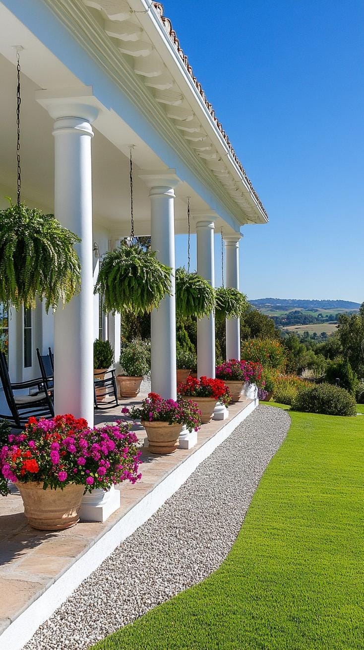 27 Charming Farmhouse Landscaping Ideas for a Beautiful Rustic Yard 12 3. Large front porch with hanging fern baskets-2